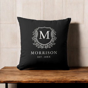 Rustic Black White Monogram Crest Initial Throw Pillow