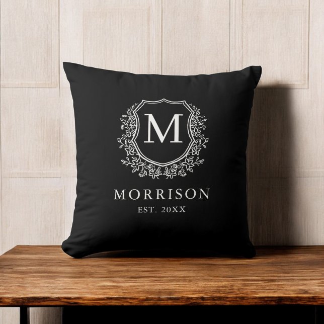 Rustic Black White Monogram Crest Initial Throw Pillow (Creator Uploaded)