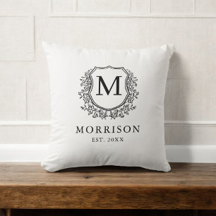Rustic Black White Monogram Crest Initial Throw Pillow