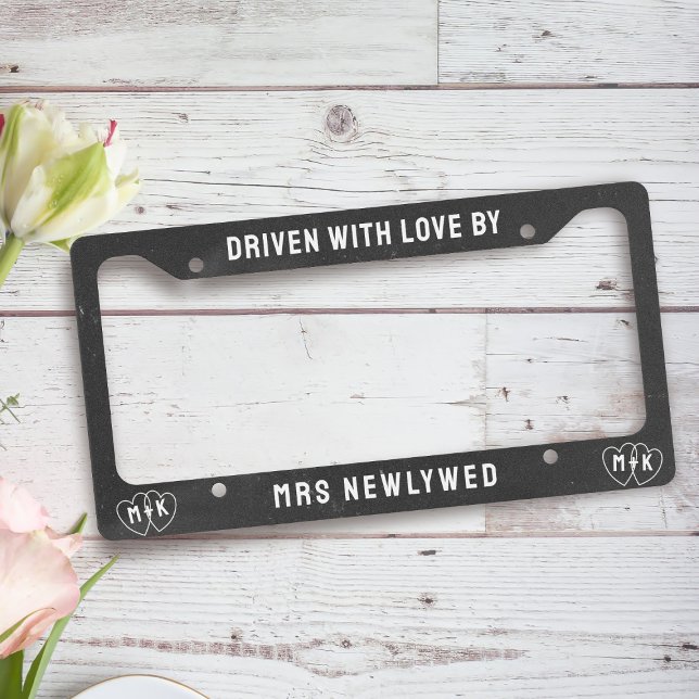 Rustic Black White Monogram License Plate Frame (Always drive with love in your heart. Add your initials to this chalkboard style license plate frame)