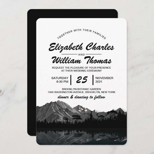 Rustic Black & White Mountain Forest Wedding Invit Invitation (Front/Back)