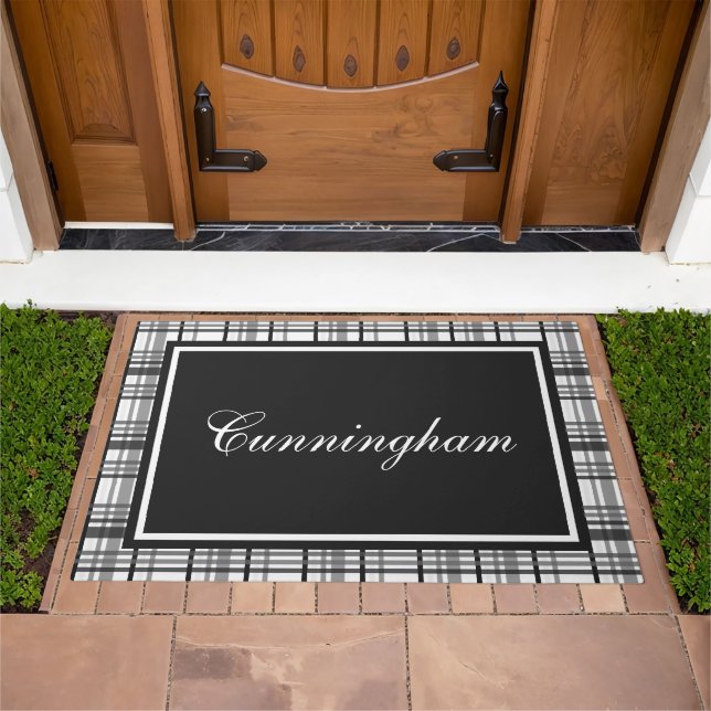 Rustic Black & White Plaid Monogram Name Doormat (Outdoor)