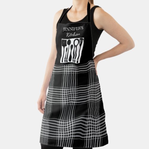 Rustic black white plaid monogram name kitchen apron