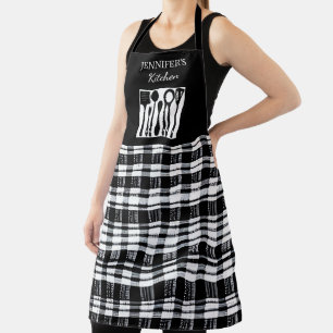 Rustic black white plaid monogram name kitchen apron