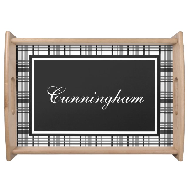 Rustic Black & White Plaid Monogram Name Serving Tray (Front)