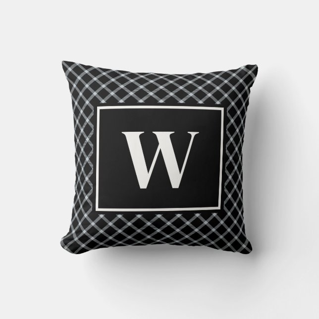 Rustic Black & White Plaid Monogram Throw Pillow (Front)