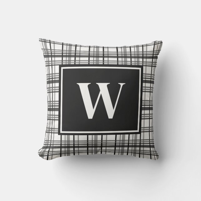 Rustic Black & White Plaid Monogram Throw Pillow (Front)