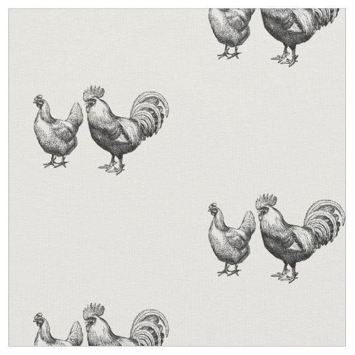 Rustic Black White Rooster and Hen Pattern Fabric