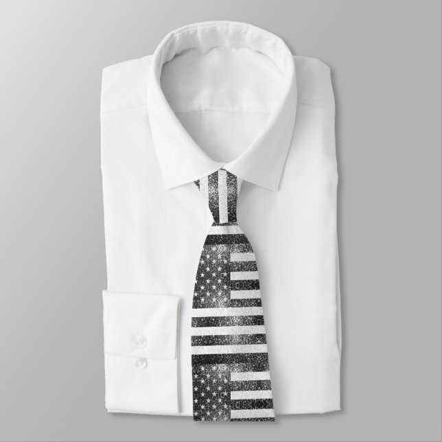 Rustic Black White Silver Sparkles USA flag  Neck Tie (Tied)