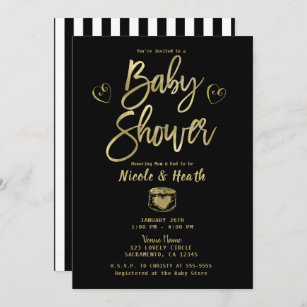 Rustic Black White Stripes & Gold Baby Shower   Invitation