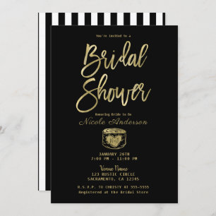 Rustic Black White Stripes & Gold Bridal Shower Invitation