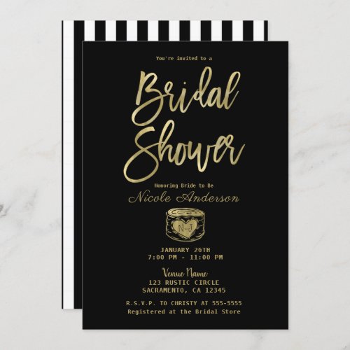 Rustic Black White Stripes  Gold Bridal Shower   Invitation