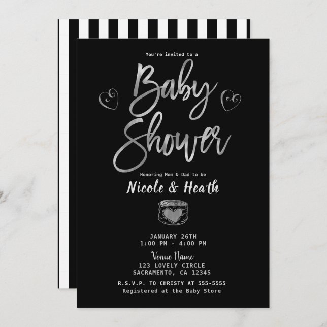 Rustic Black White Stripes & Silver Baby Shower    Invitation (Front/Back)