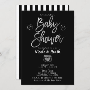 Rustic Black White Stripes & Silver Baby Shower    Invitation