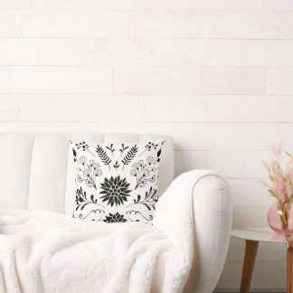 Rustic Black White Vintage Modern Floral Throw Pillow