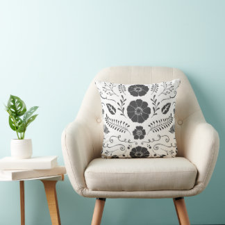 Rustic Black White Vintage Modern Floral Throw Pillow