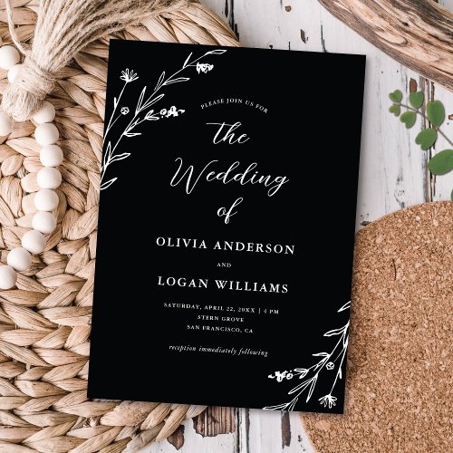 Rustic Black  White Wildflower Boho Wedding Invitation