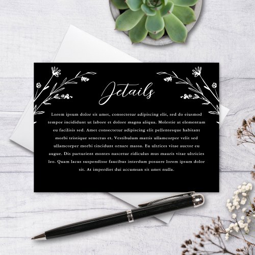 Rustic Black White Wildflower Wedding Details Enclosure Card