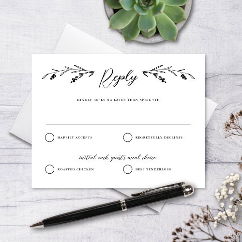 Rustic Black White Wildflower Wedding Reply Card