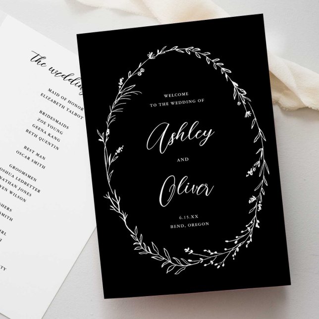 Rustic Black & White Wildflower Wreath Wedding Program (Creator Uploaded)
