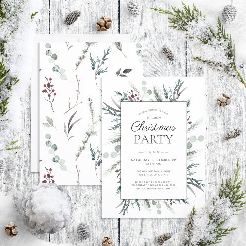 Rustic Black Winter Botanical Christmas Party Invitation