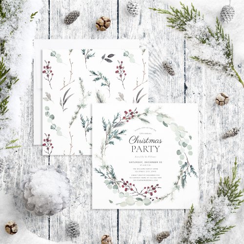Rustic Black Winter Botanical Wreath Holiday Party Invitation