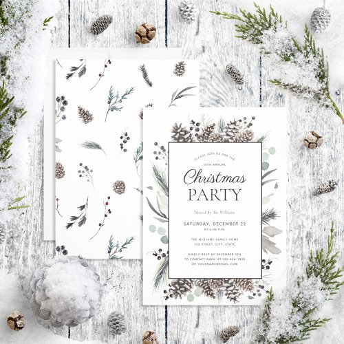 Rustic Black Winter Pinecone Christmas Party Invitation