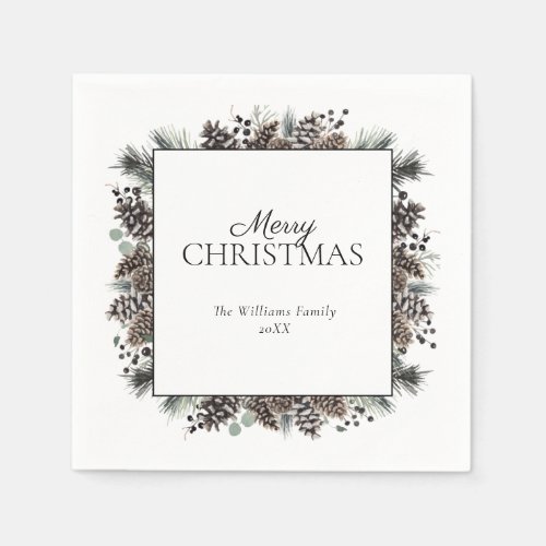 Rustic Black Winter Pinecone Merry Christmas  Napkins