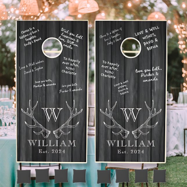 Rustic Black Wood Antler Monogrammed Wedding Cornhole Set (Creator Uploaded)