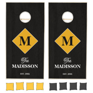 Rustic Black Wood Country Family Name Monogram Cornhole Set
