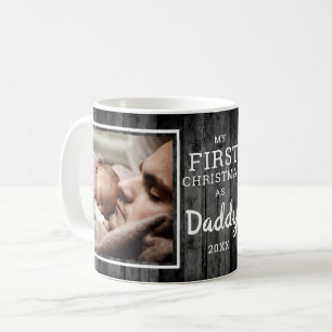 Rustic Black Wood Daddy's First Christmas 2 Photo Coffee Mug