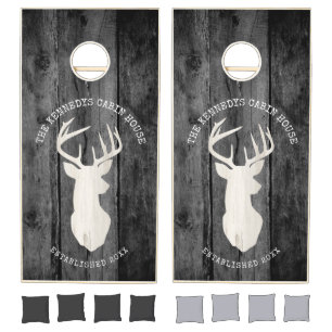 Rustic Black Wood Deer Antlers Family Name Cabin Cornhole Set