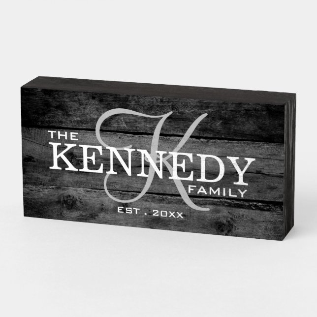 Rustic Black Wood Family Monogram Last Name   Wooden Box Sign (Angled Horizontal)