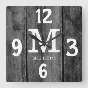 Rustic Black Wood Family Name Monogram Farmhouse Square Wall Clock