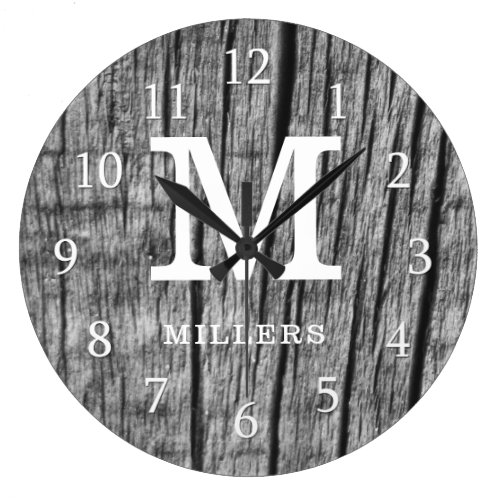 Rustic Black Wood Family Name Monogram Initial Large Clock