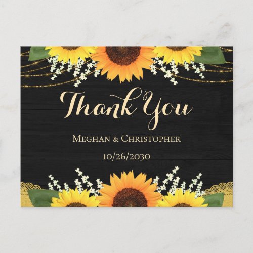 Rustic Black Wood Gold Sunflower Wedding Thank You Postcard