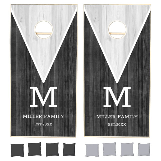 Rustic Black Wood Gray Wood Family Monogram     Cornhole Set (Set)