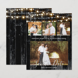 Rustic Black Wood & Lights 4 Photo Save the Date