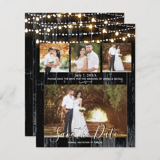 Rustic Black Wood & Lights 4 Photo Save the Date (Front/Back)