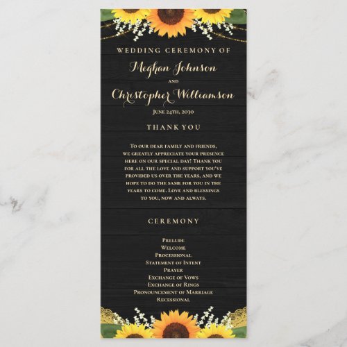 Rustic Black Wood Lights Lace Sunflower Wedding Program