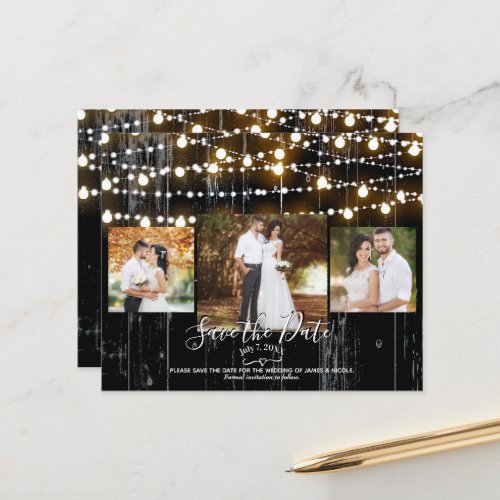 Rustic Black Wood  Lights Photo Save the Date