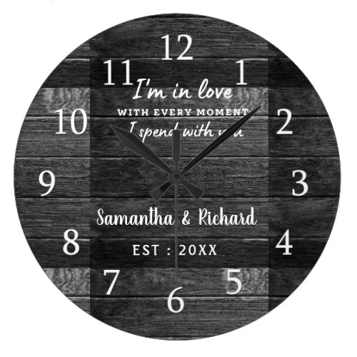 Rustic Black Wood Love Quote Wedding Anniversary Large Clock
