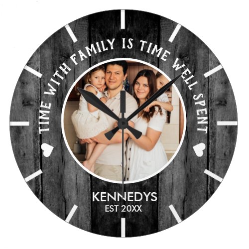 Rustic Black Wood One Photo Family Time Quote Large Clock