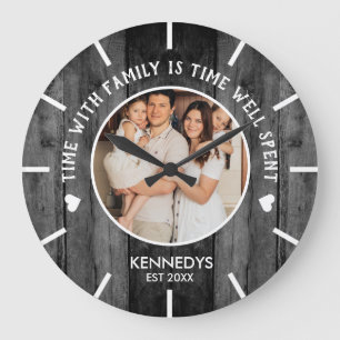 Rustic Black Wood One Photo Family Time Quote Large Clock