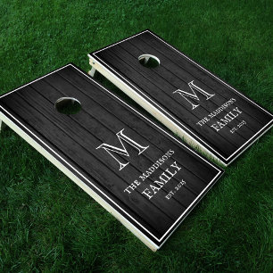 Rustic Black Wood Planks Family Monogram and Name Cornhole Set