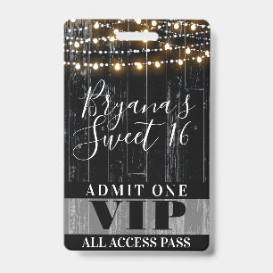 Rustic Black Wood String Lights Sweet 16 VIP Pass Badge