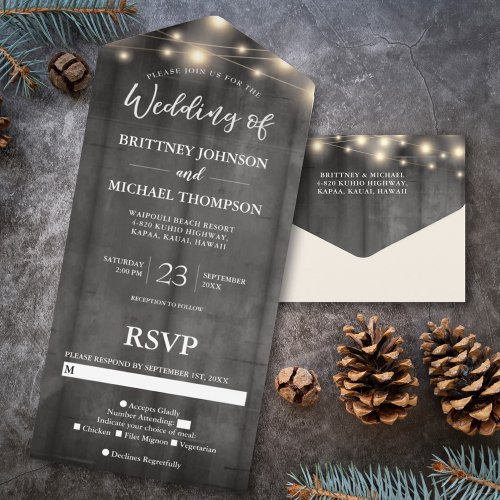 Rustic Black Wood String Lights Wedding  All In One Invitation