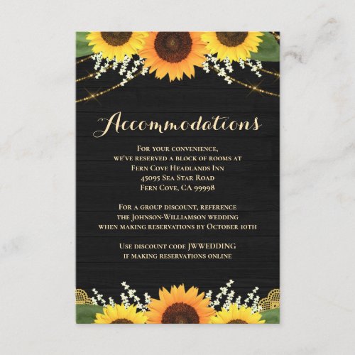 Rustic Black Wood Sunflower Wedding Accommodations Enclosure Card