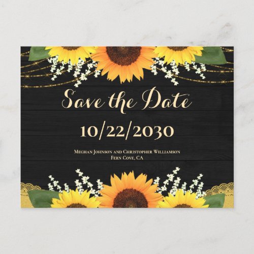 Rustic Black Wood Sunflower Wedding Save the Date Announcement Postcard