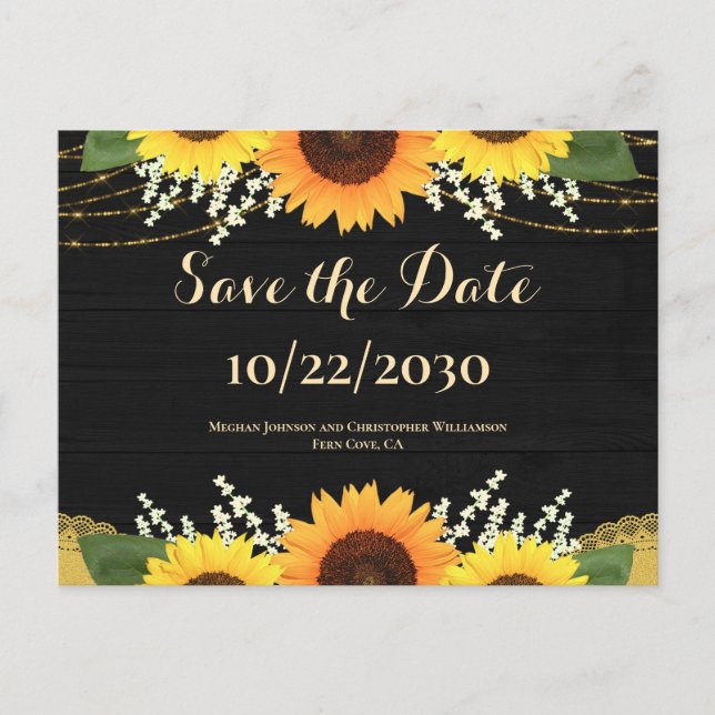 Rustic Black Wood Sunflower Wedding Save the Date Announcement Postcard (Front)